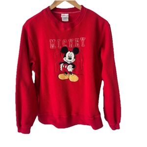 Vintage Disney Store Red Mickey Mouse 90s Crewneck Fleece Sweatshirt Sz Small